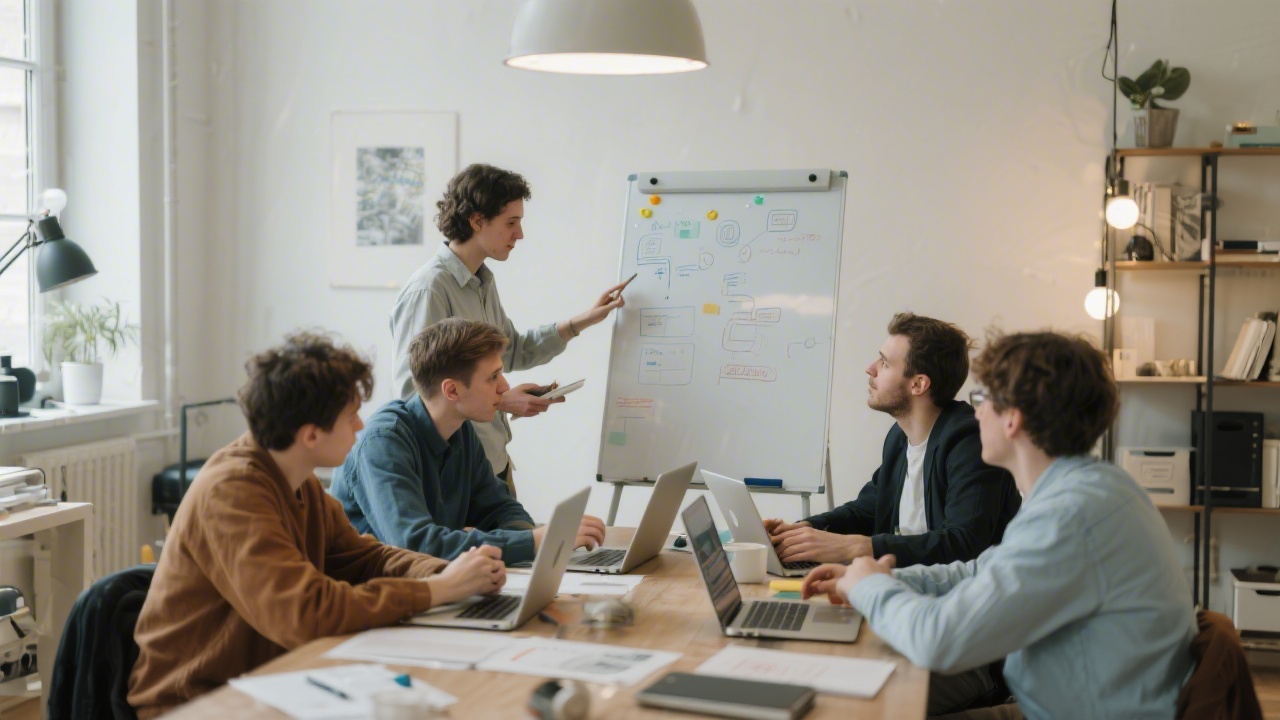 Group of early-career designers collaborating around laptops and whiteboard during UI and UX workshop in Paris studio with soft lighting and contemporary interior design elements