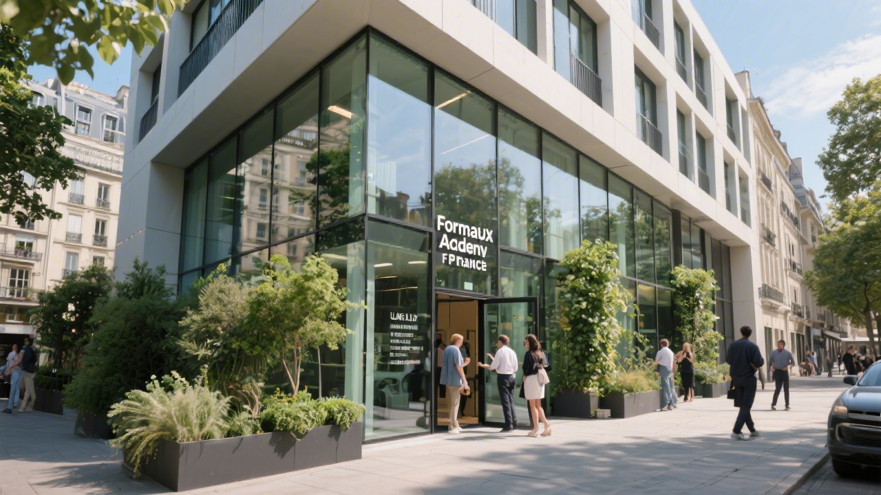 Exterior view of contemporary Paris coworking building hosting FormaUX Academy France with glass facade, greenery and people entering for UI UX training sessions
