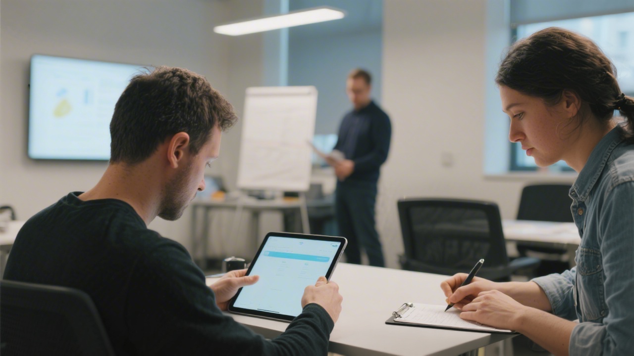 Participant conducting moderated usability testing session with user interacting on tablet while facilitator observes behaviour and documents insights meticulously