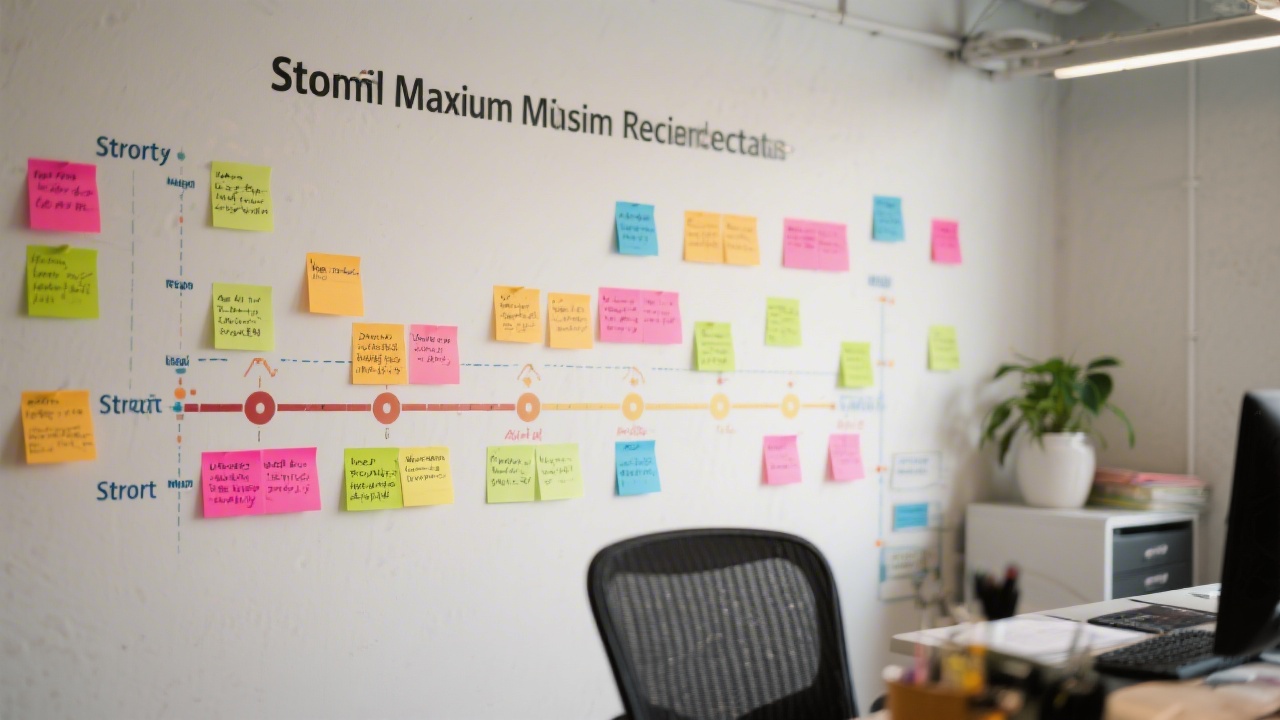 Detailed UX project roadmap displayed on wall with color-coded sprint milestones, sticky notes representing user stories and research insights in collaborative studio