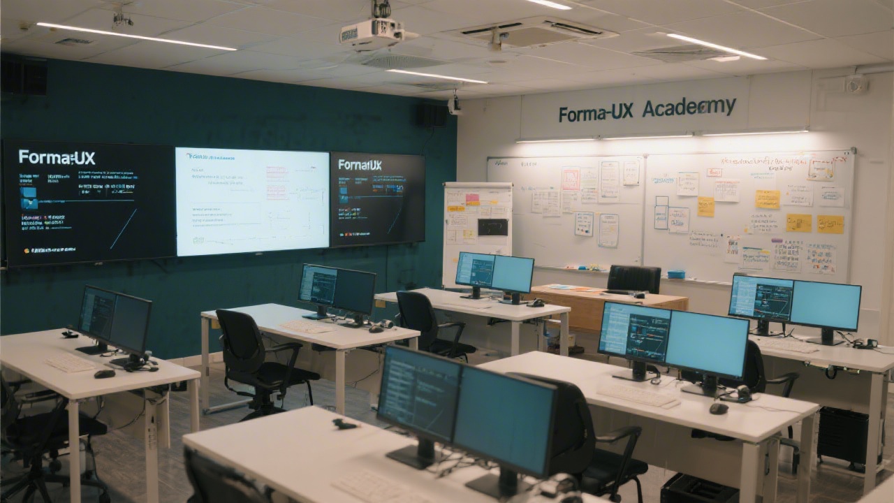 Interior of FormaUX Academy France classroom with modular desks, large monitors, collaborative boards and ambient lighting supporting immersive design training